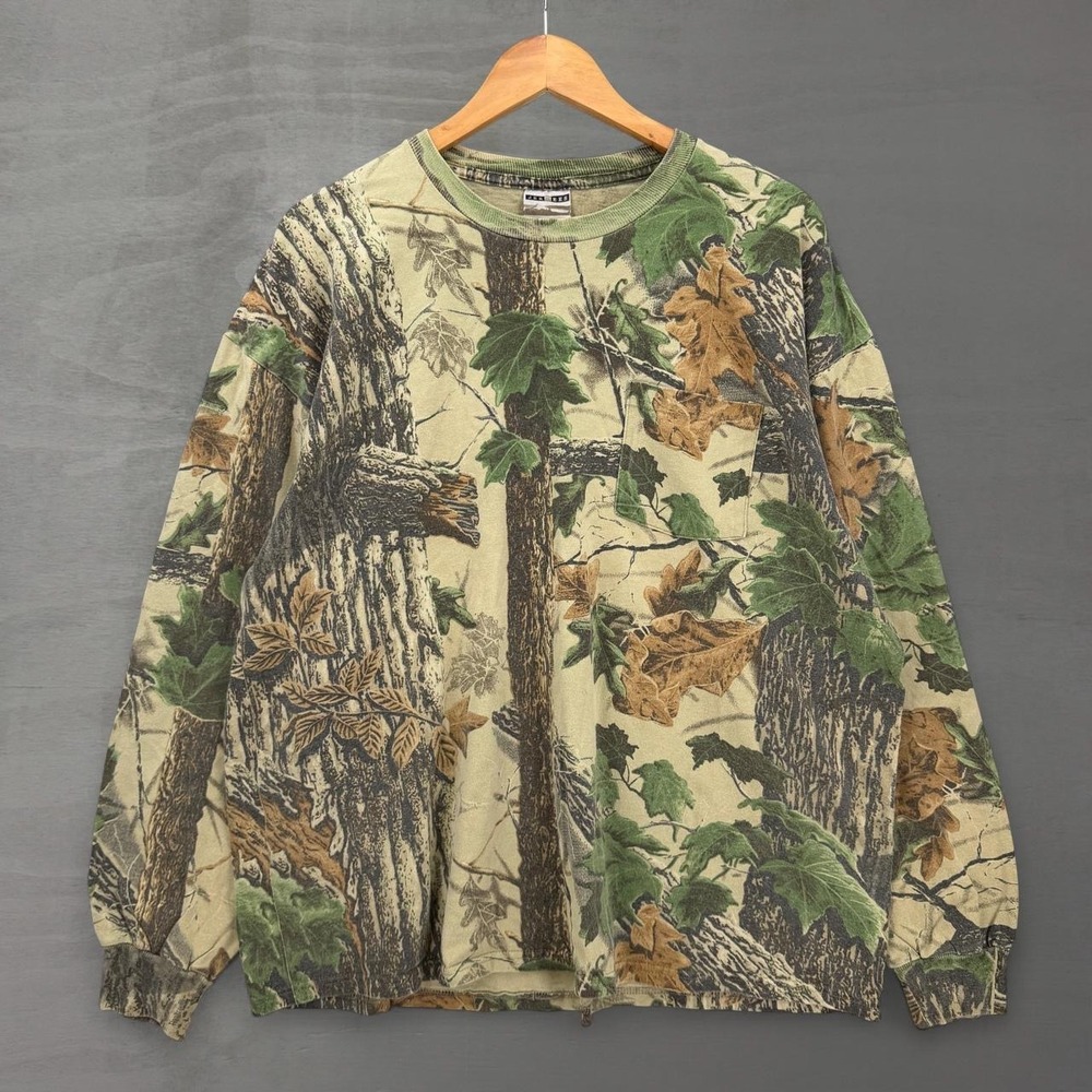 Vintage Jerzees Outdoors Long Sleeve Shirt Realtree Camo Pocket Green XL
